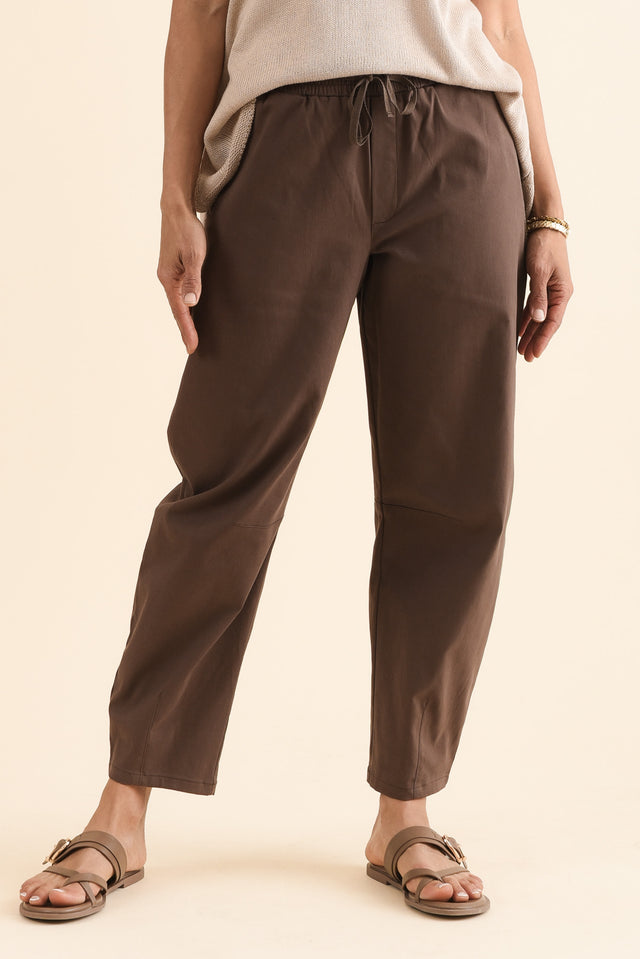 Andy Chocolate Cotton Barrel Pants,Front,Brunette model,alt text|model:Cara image 2
