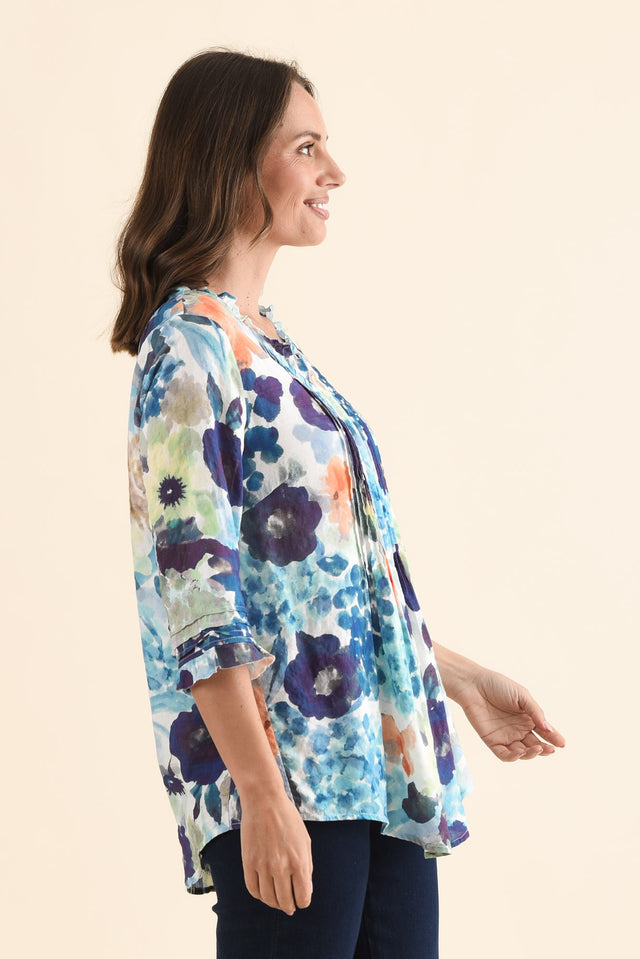 Angelo Blue Flower Cotton Button Top,Side,Brunette model,alt text|model:MJ image 3