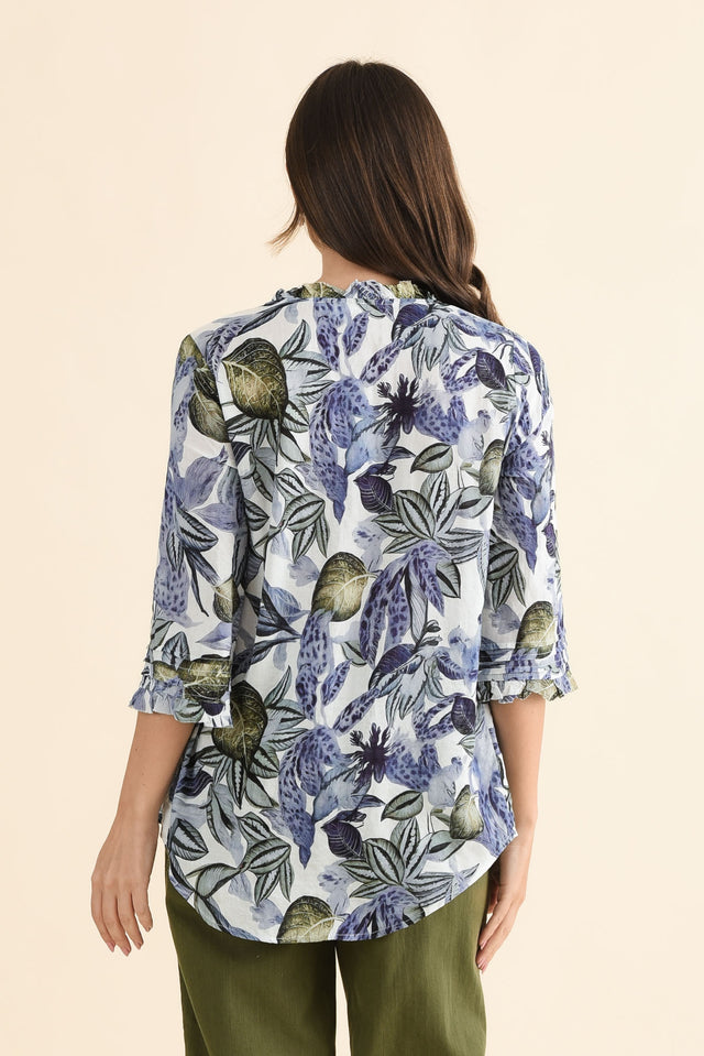 Angelo Blue Leaf Cotton Button Top,Back,Brunette model,alt text|model:MJ image 4