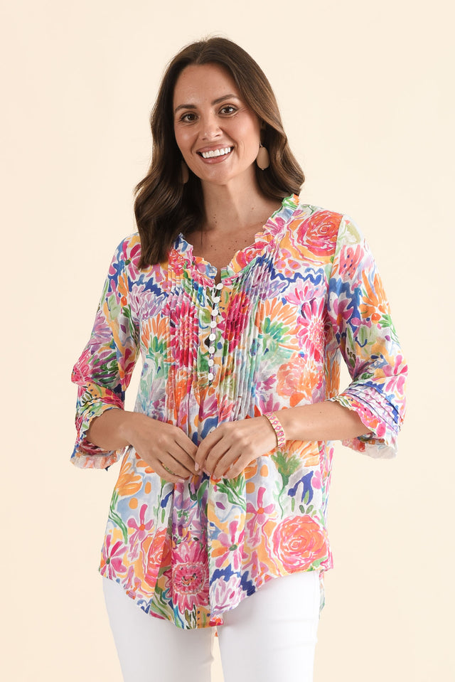 Angelo Pink Flower Cotton Button Top,Front,Brunette model,alt text|model:MJ image 1
