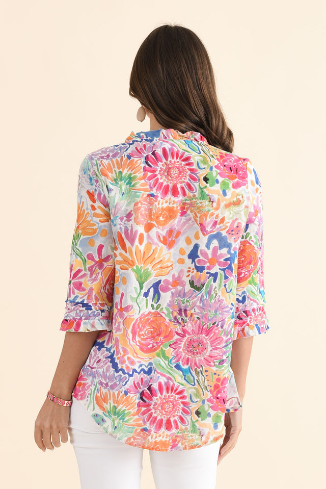 Angelo Pink Flower Cotton Button Top,Back,Brunette model,alt text|model:MJ image 4