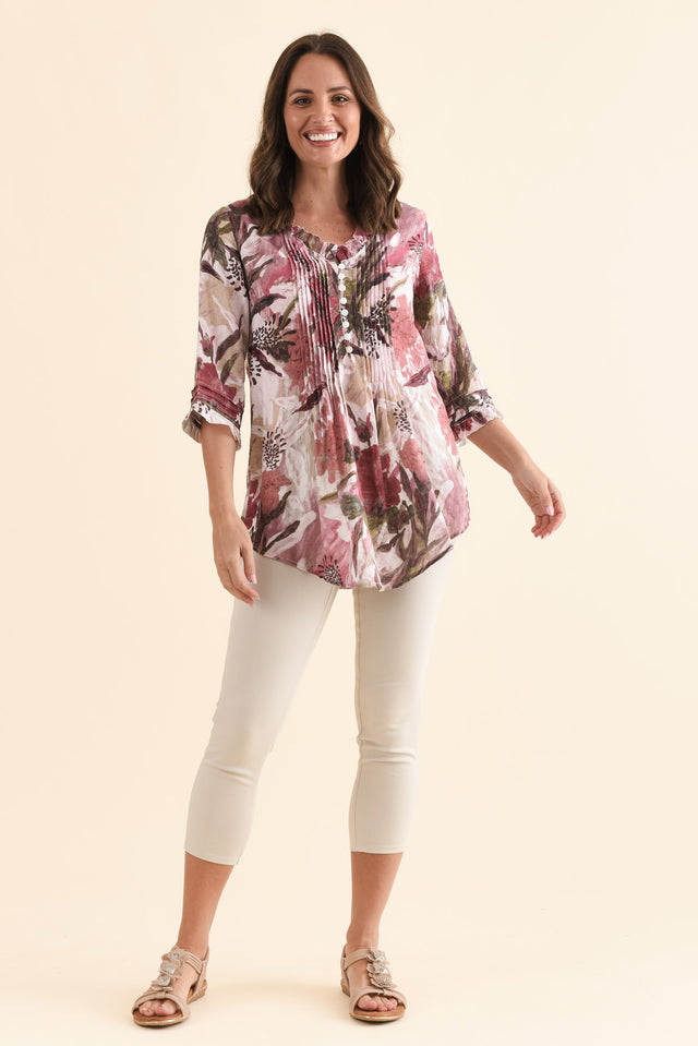 Angelo Taupe Floral Cotton Button Top,Full Body,Brunette model,alt text|model:MJ image 6