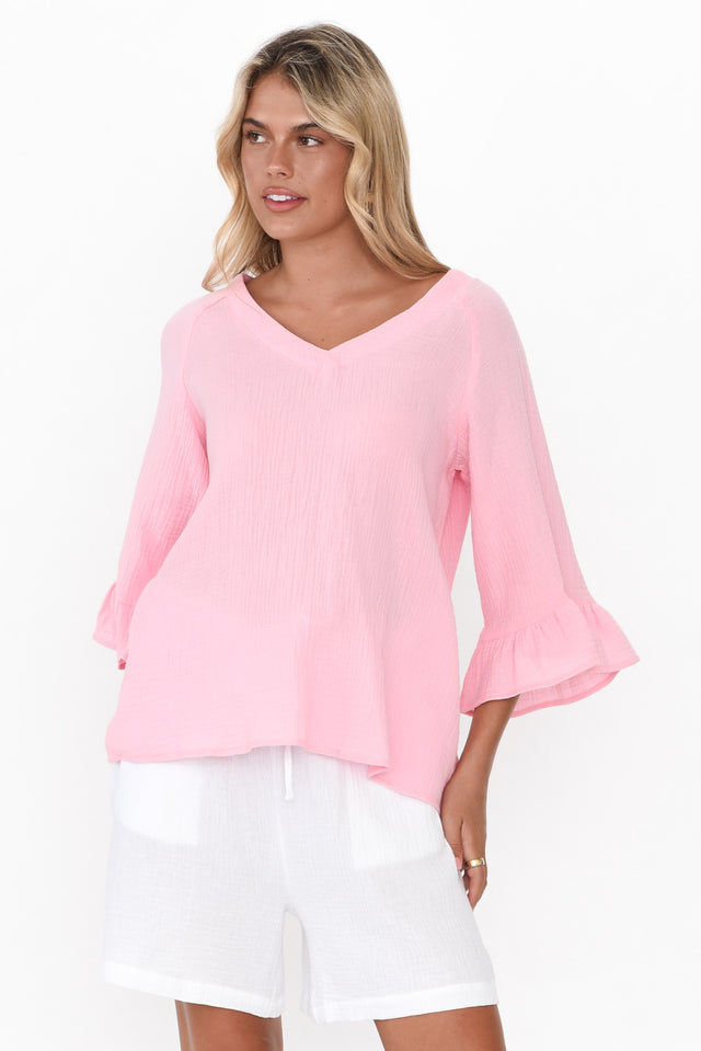 Anissa Pink Cotton Frill Top neckline_V Neck  alt text|model:Imogen;wearing:S