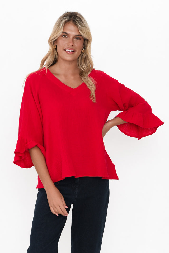 Anissa Red Cotton Frill Top neckline_V Neck  alt text|model:Imogen;wearing:S image 1