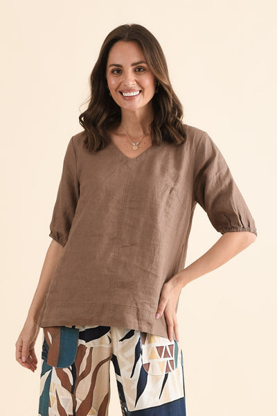 Anna Mocha Linen V Neck Top