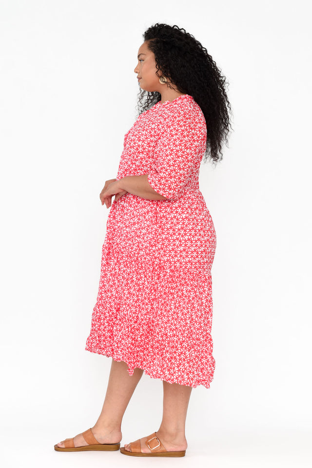 Anniston Red Flower Cotton Tiered Dress