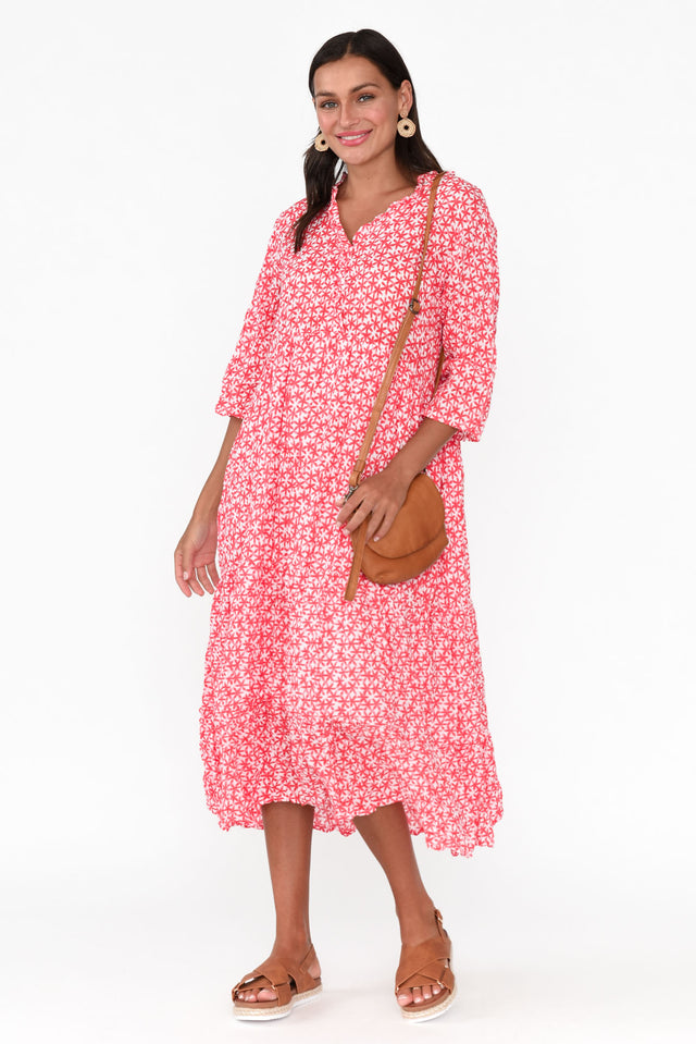 Anniston Red Flower Cotton Tiered Dress