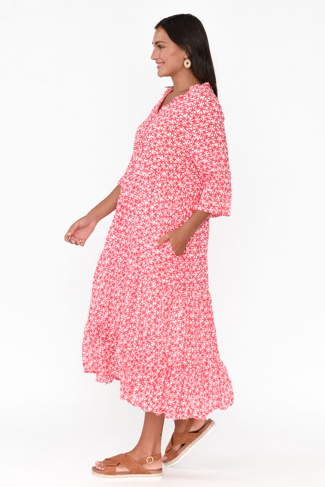 Anniston Red Flower Cotton Tiered Dress