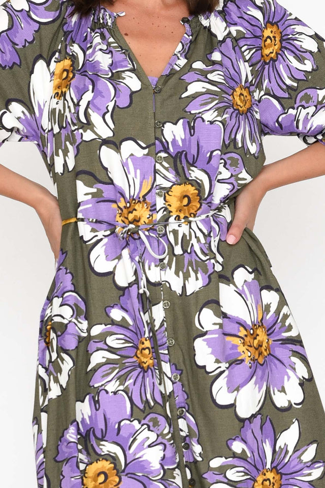 Antelle Khaki Blossom Linen Blend Dress