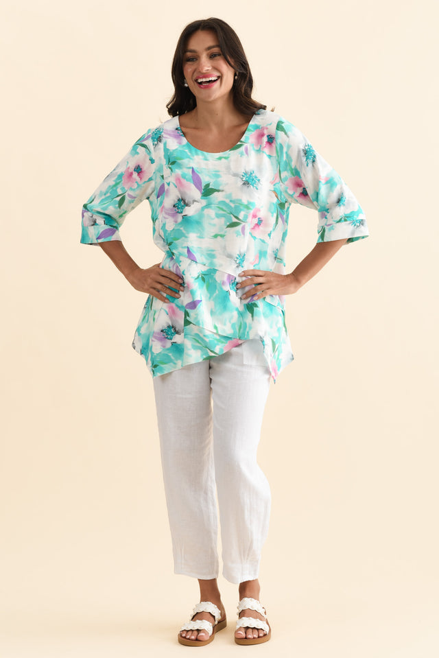 Anya Blue Bloom Linen Cotton Top,Brunette model,alt text|model:Brontie image 7