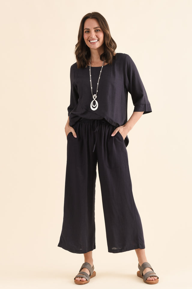 Minnelli Dark Blue Linen Cotton Pants,Full Body,Brunette model,alt text|model:MJ image 2