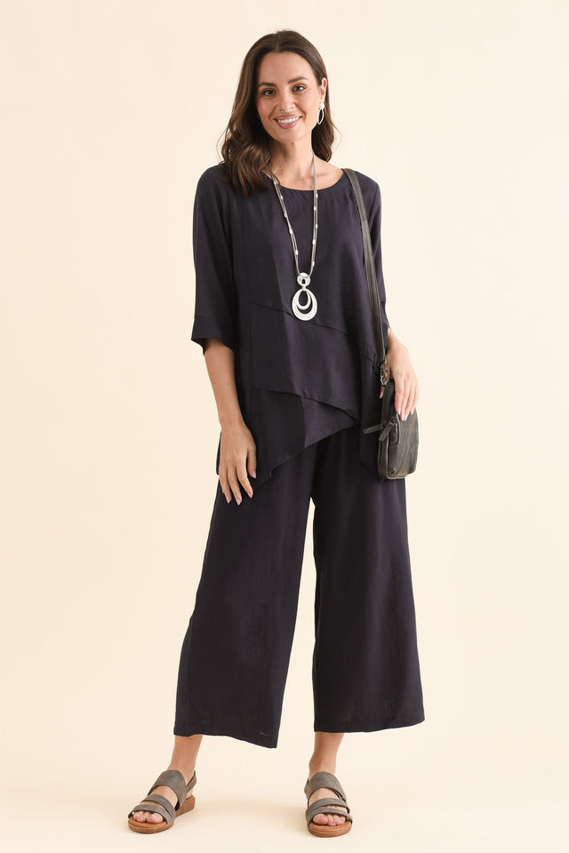 Anya Dark Blue Linen Cotton Top,Full Body,Brunette model,alt text|model:MJ