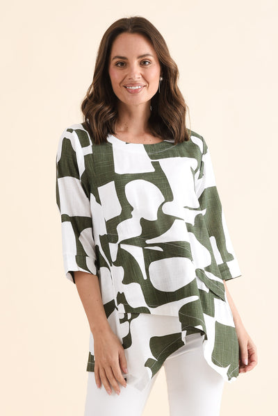 Anya Khaki Geo Linen Cotton Top