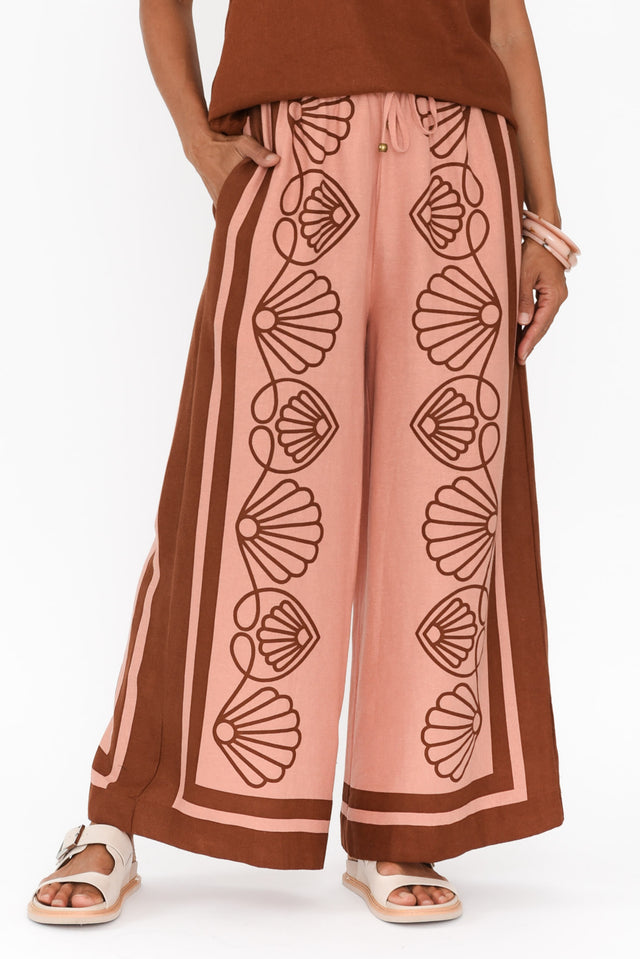 Aphrodite Chocolate Seashell Linen Pants,Brunette model,alt text|model:Cara