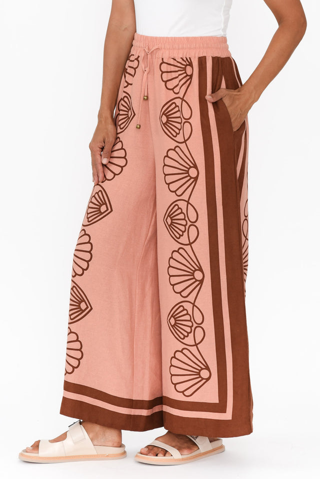 Aphrodite Chocolate Seashell Linen Pants,Brunette model,alt text|model:Cara image 4