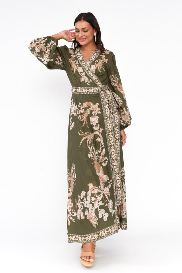 Aphrodite Khaki Floral Cotton Wrap Dress