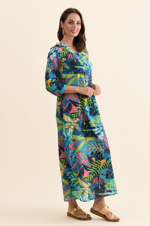 Apia Blue Jungle Cotton Maxi Dress,Brunette model,alt text|model:MJ image 4