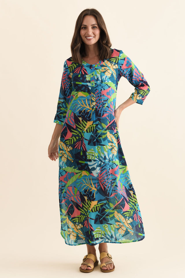 Apia Blue Jungle Cotton Maxi Dress,Brunette model,alt text|model:MJ image 1