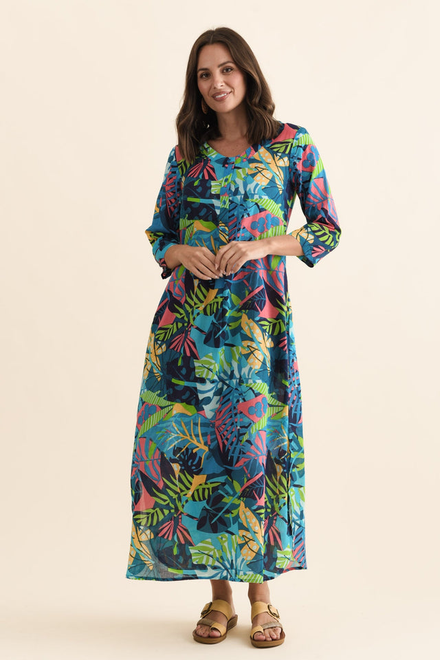 Apia Blue Jungle Cotton Maxi Dress,Brunette model,alt text|model:MJ image 7