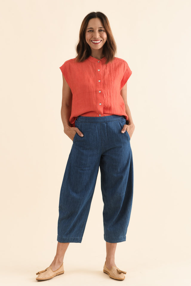 Ottie Blue Cotton Barrel Pants,Full Body,Brunette model,alt text|model:Cara image 2