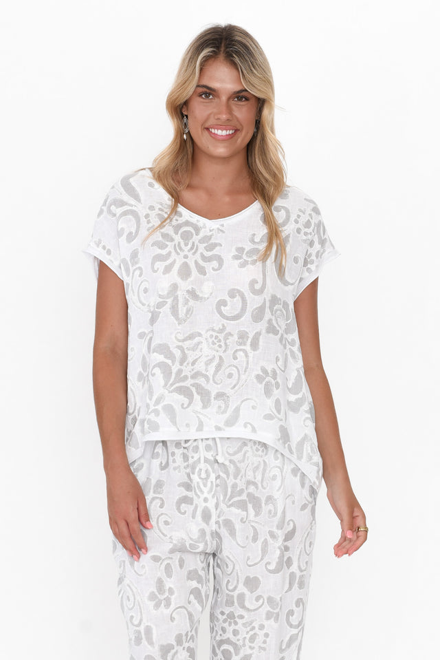 Argus Grey Floral Linen Top