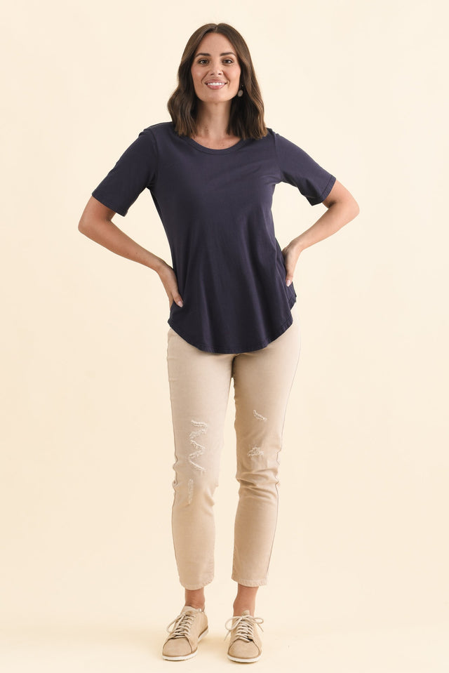 Ariana Navy Cotton Tee,Brunette model,alt text|model:MJ image 3