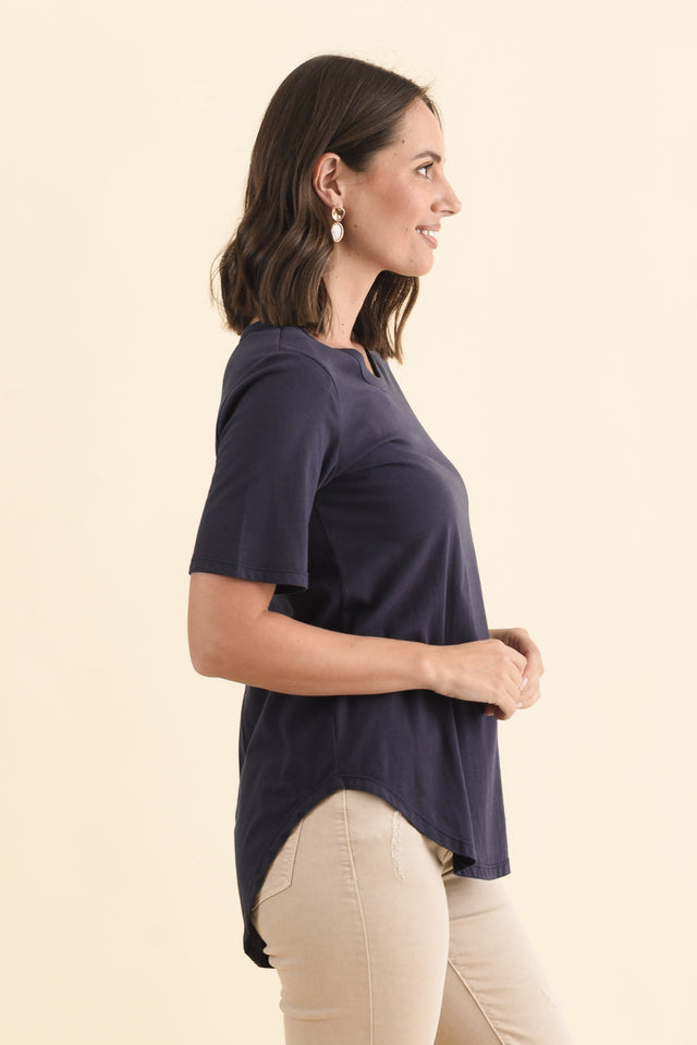 Ariana Navy Cotton Tee,Brunette model,alt text|model:MJ image 4
