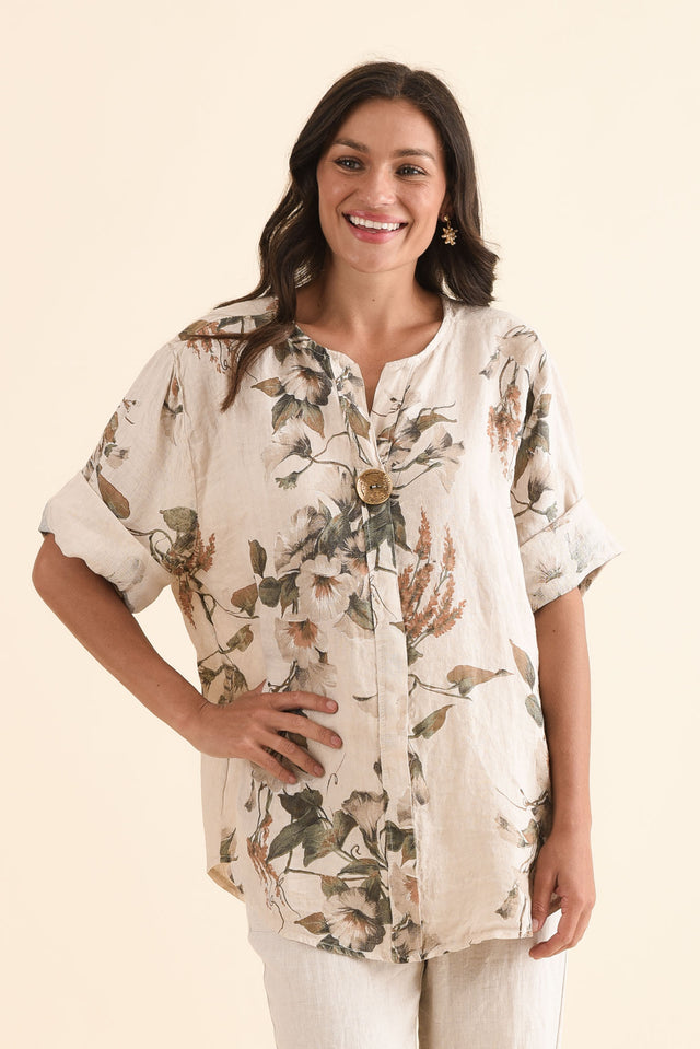 Arlon Beige Foliage Linen Button Top,Front,Brunette model,alt text|model:Brontie image 1