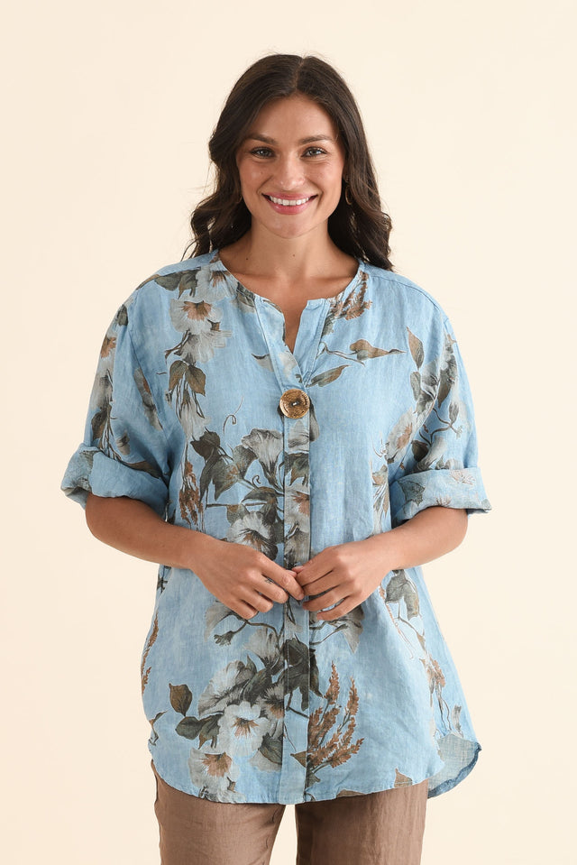 Arlon Blue Foliage Linen Button Top,Front,Brunette model,alt text|model:Brontie image 1