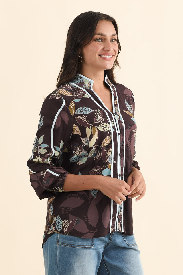 Asher Brown Leaf Contrast Blouse,Brunette model,alt text|model:Brontie image 3