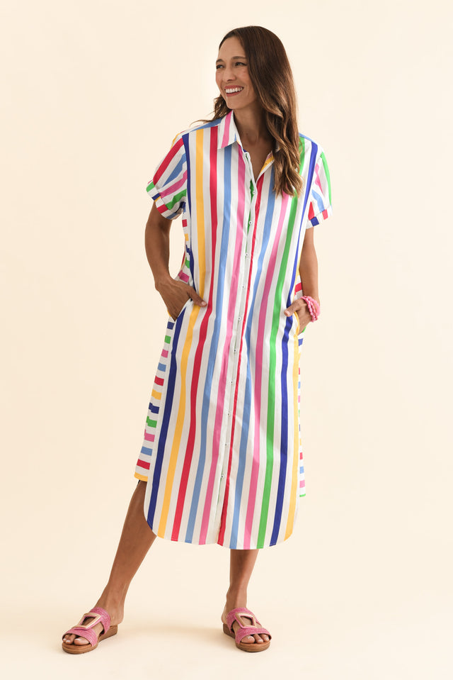 Ashley White Stripe Cotton Shirt Dress,Brunette model,alt text|model:Cara image 7
