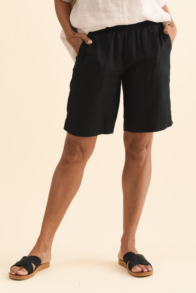 Aster Black Linen Shorts,Brunette model,alt text|model:Cara