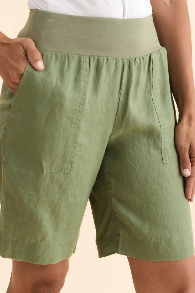 Aster Khaki Linen Shorts,Brunette model,alt text|model:Cara image 6