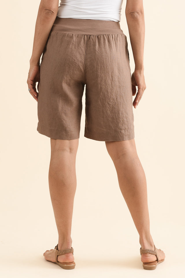 Aster Mocha Linen Shorts,Back,Brunette model,alt text|model:Cara image 4