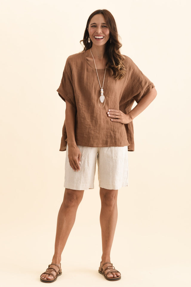 Aster Natural Linen Shorts,Brunette model,alt text|model:Cara image 8