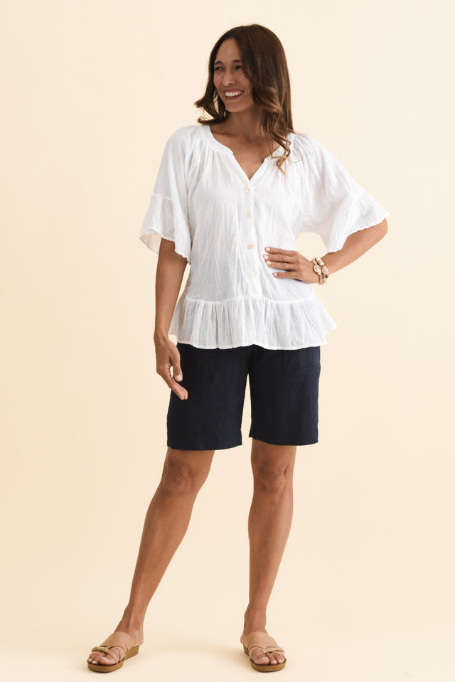 Aster Navy Linen Shorts,Brunette model,alt text|model:Cara image 4
