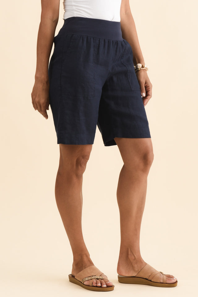 Aster Navy Linen Shorts,Brunette model,alt text|model:Cara image 5