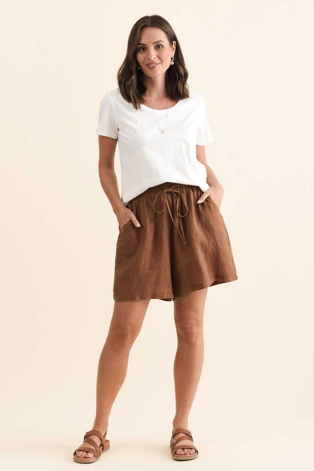 Astoria Chocolate Linen Drawstring Shorts,Brunette model,alt text|model:MJ image 8
