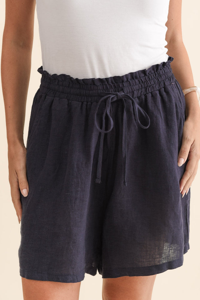 Astoria Navy Linen Drawstring Shorts,Brunette model,alt text|model:MJ image 6