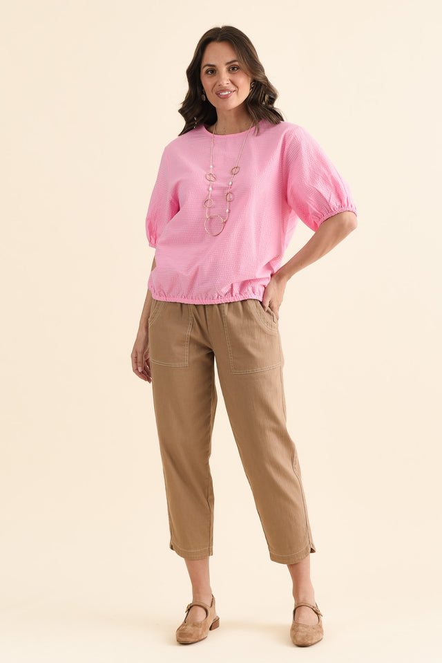 Astrid Pink Cotton Textured Top,brunette model,Full Outfit,alt text|model:MJ image 2