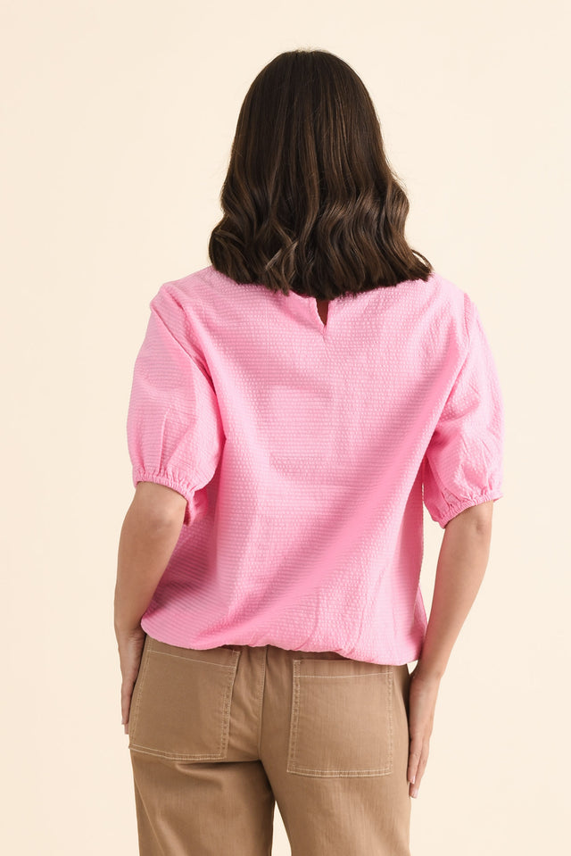 Astrid Pink Cotton Textured Top,brunette model,Back of Outfit,alt text|model:MJ image 4