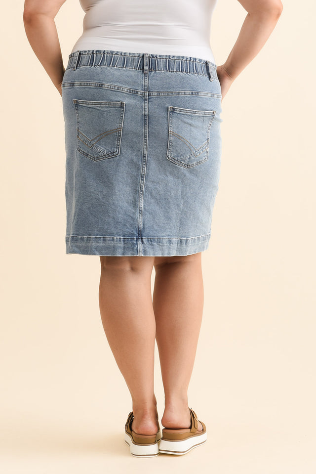 Atlas Blue Denim Stretch Skirt,Brunette model,alt text|model:Gabby image 11