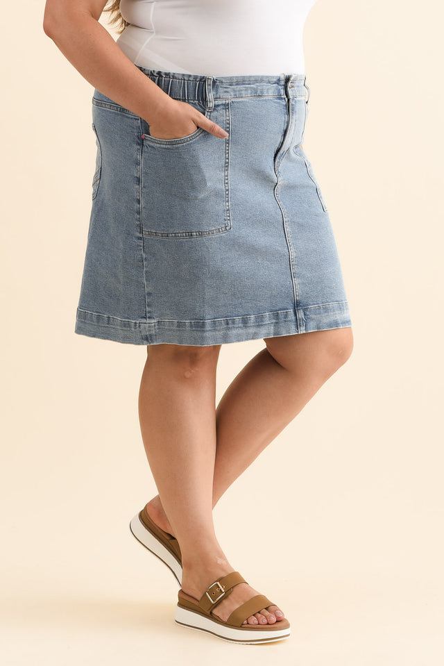 Atlas Blue Denim Stretch Skirt,Brunette model,alt text|model:Gabby image 10