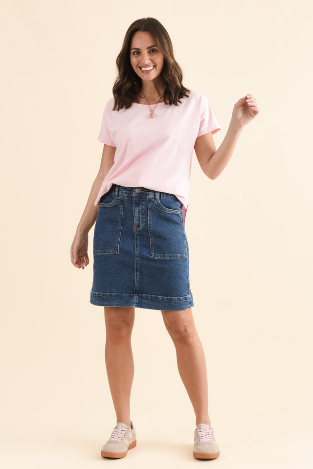 AtlasDarkBlueDenimStretchSkirt, Brunette model,Full Body,alt text|model:MJ image 9