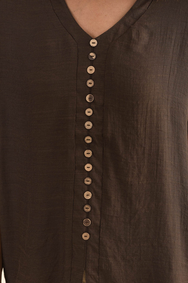 Attica Chocolate Cotton Blend Button Top,Detail,Brunette model,alt text|model:Cara image 5