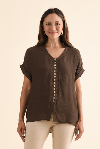 Attica Chocolate Cotton Blend Button Top