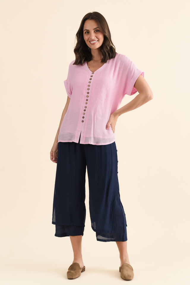 Attica Pink Cotton Blend Button Top,brunette model,alt text|model:MJ image 7