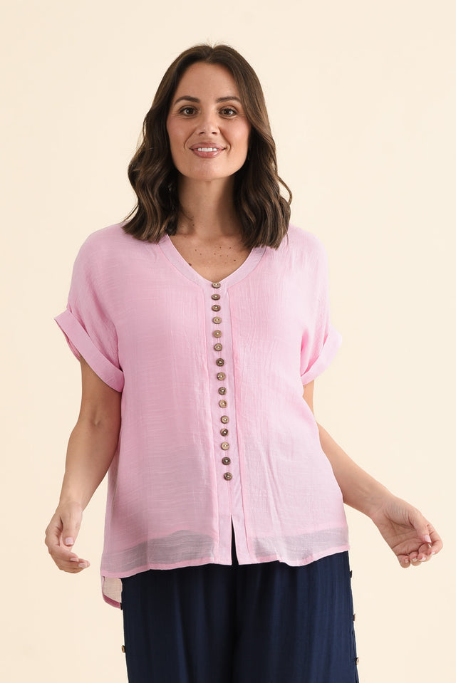 Attica Pink Cotton Blend Button Top,brunette model,Front of Outfit,alt text|model:MJ image 1