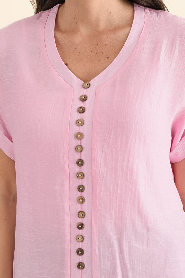 Attica Pink Cotton Blend Button Top,brunette model,Close up of outfit,alt text|model:MJ image 5