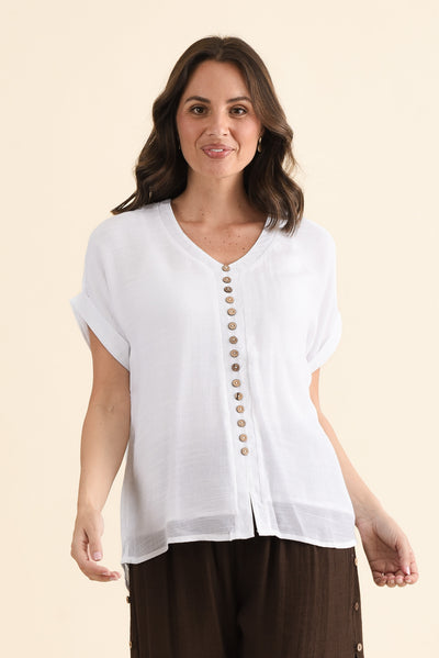 Attica White Cotton Blend Button Top